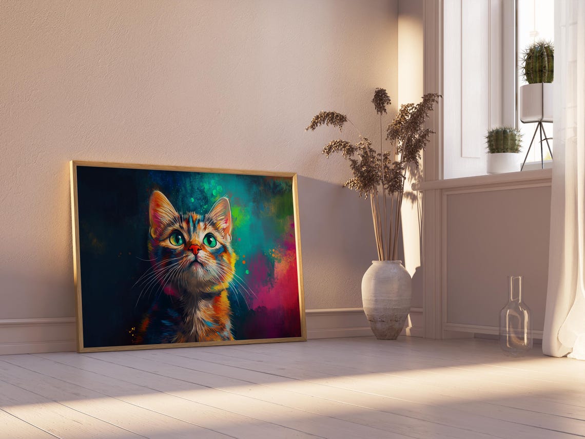 Tabby Kitten Sitting Neon Paint Splashes Dark Blue Background Poster - Image 2