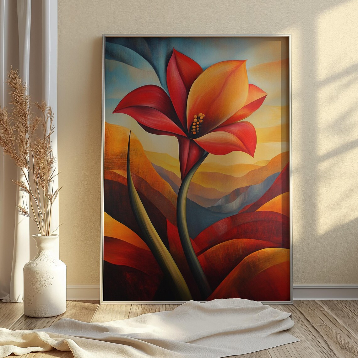 Red Amaryllis Wavy Sunset Landscape Modernist Floral Art Poster - Image 4