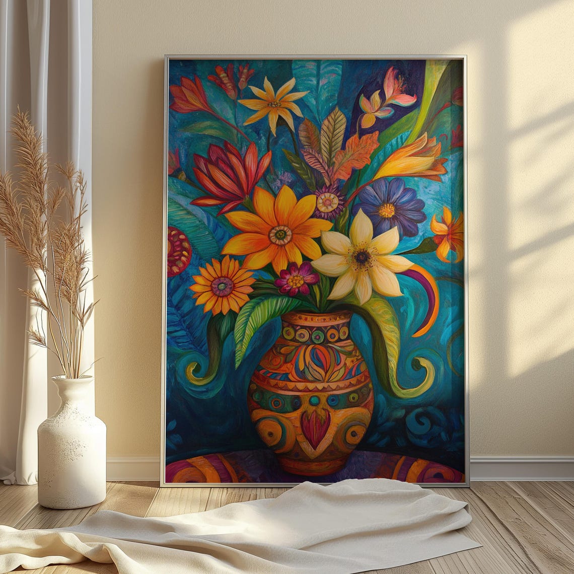 Stylized Tropical Lily Bouquet Patterned Orange Vase Teal Folk Poster - Image 3