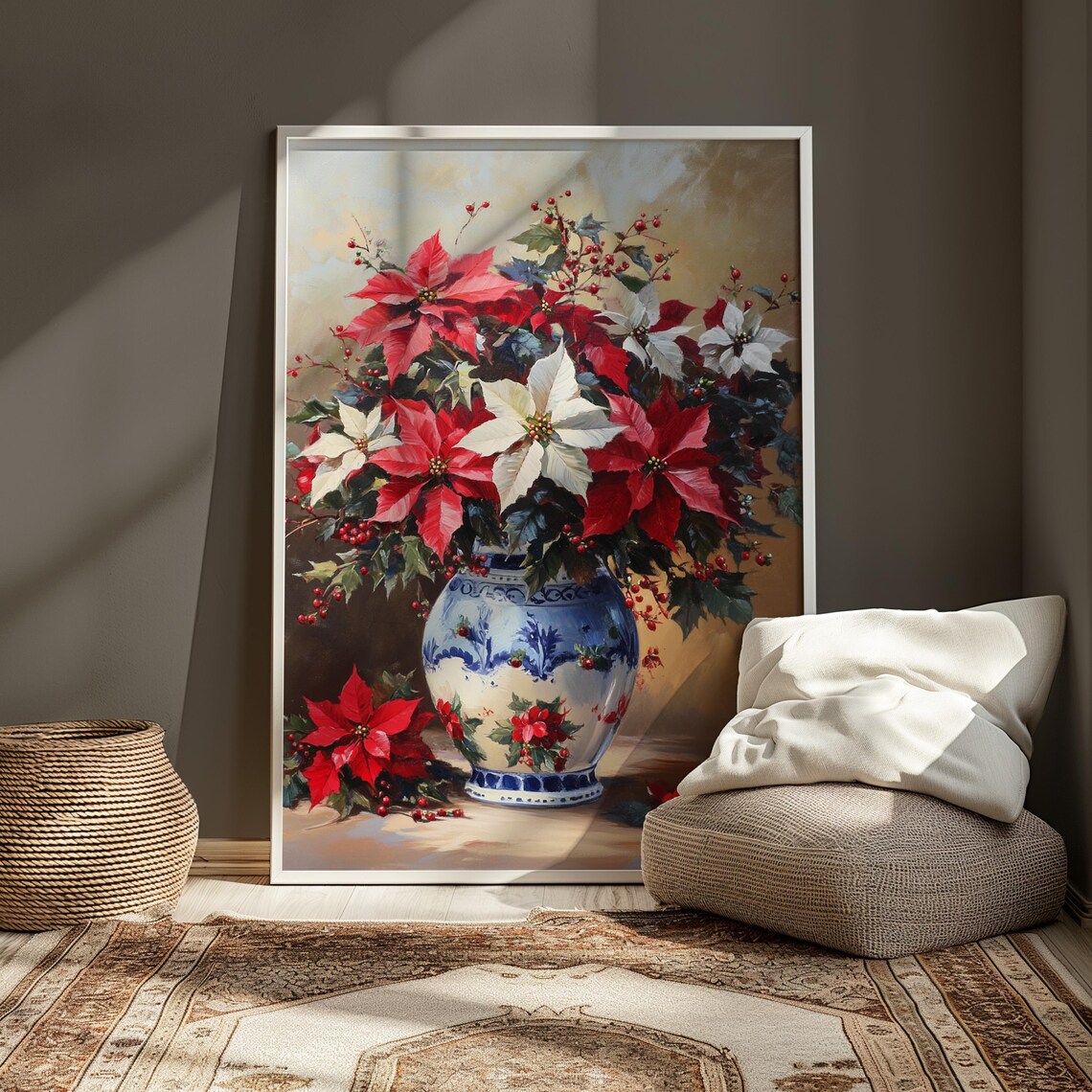 Red White Poinsettia Berries Blue Vase Christmas Still Life Poster - Image 4