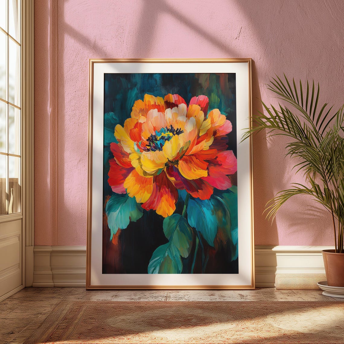 Sunset Peony Bloom Dark Teal Background Impressionist Floral Poster - Image 2