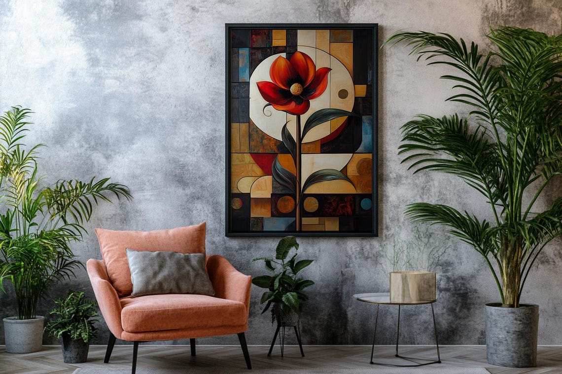 Red Flower Art Deco Geometric Tile Background Bold Botanical Poster - Image 2
