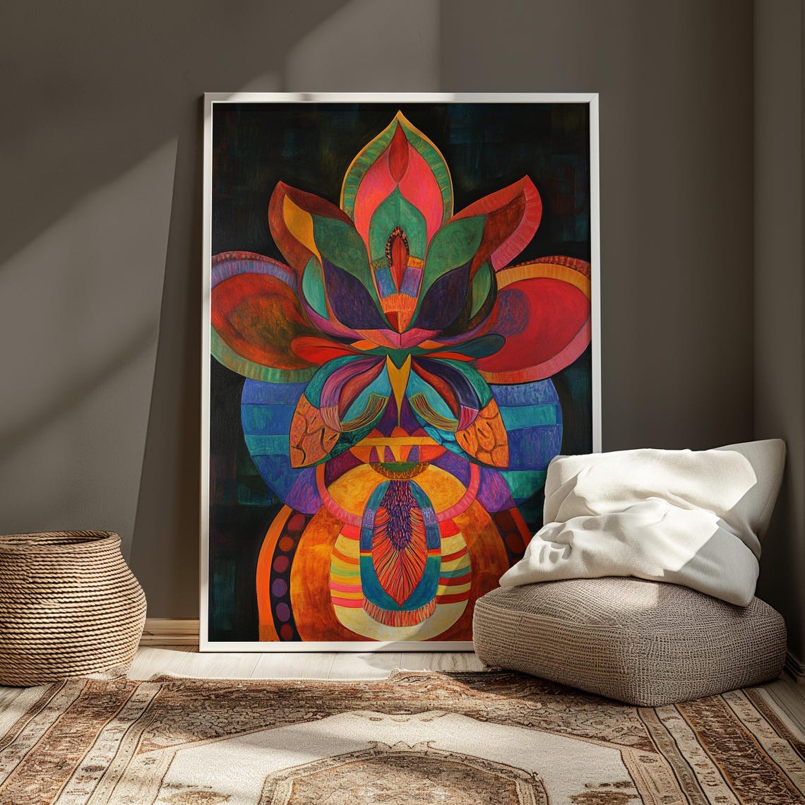 Symmetric Abstract Lotus Red Teal Orange Dark Garden Floral Poster - Image 3