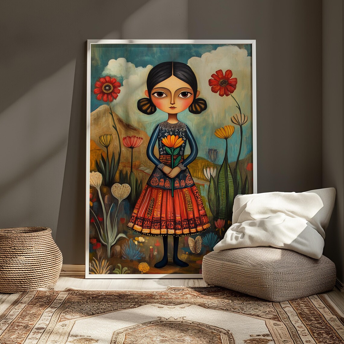 Folk Style Girl Embroidered Dress Holding Flower Bloom Garden Poster - Image 3