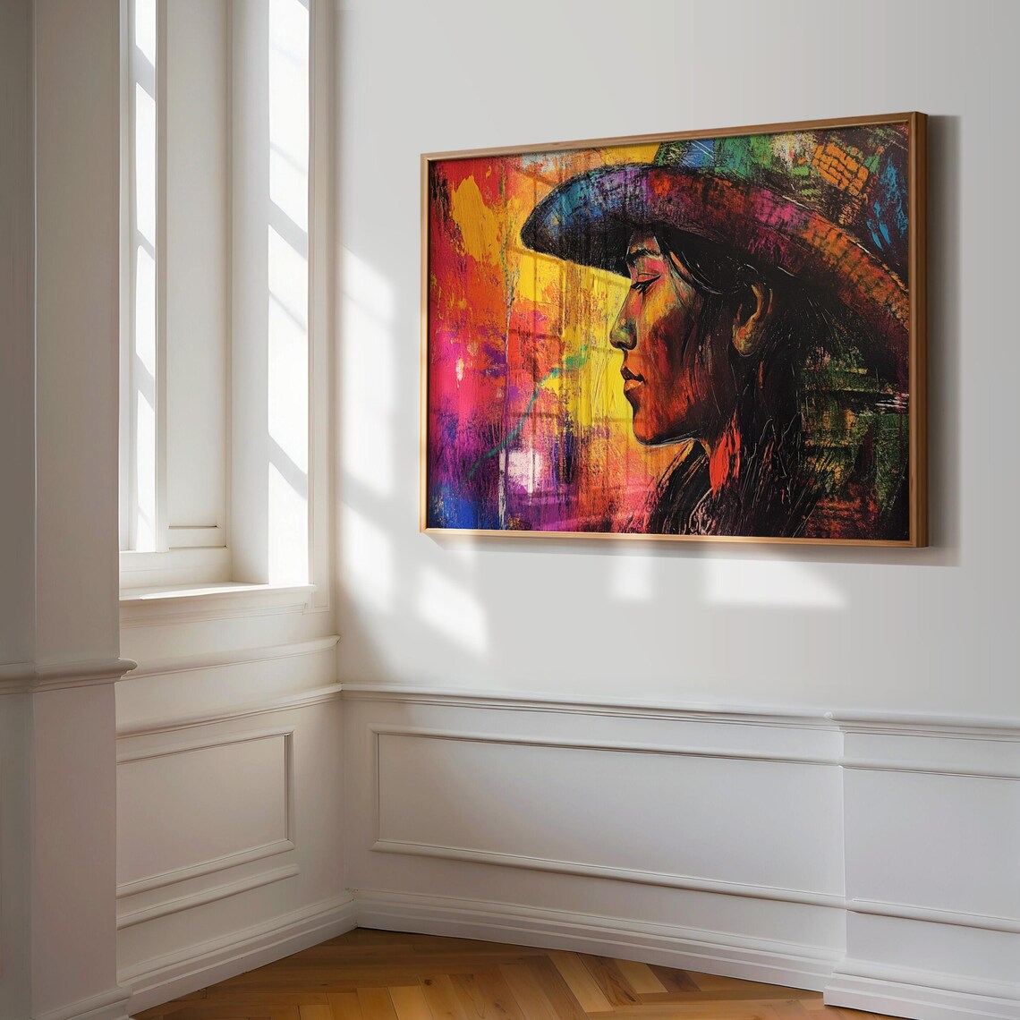 Mexican Woman Colorful Hat Profile Portrait Vibrant Painting Wall Art Print - Image 3