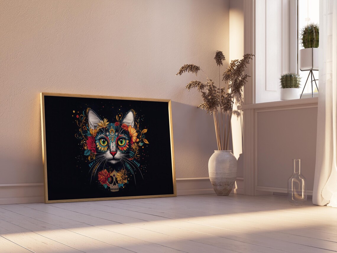 Black Cat Marigold Flower Crown Sugar Skull Pendant Dark Folk Art Poster - Image 2