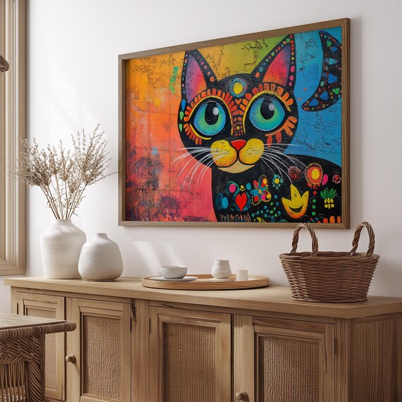 Black Cat Folk Art Portrait Big Blue Eyes Hearts Flowers Decor Poster