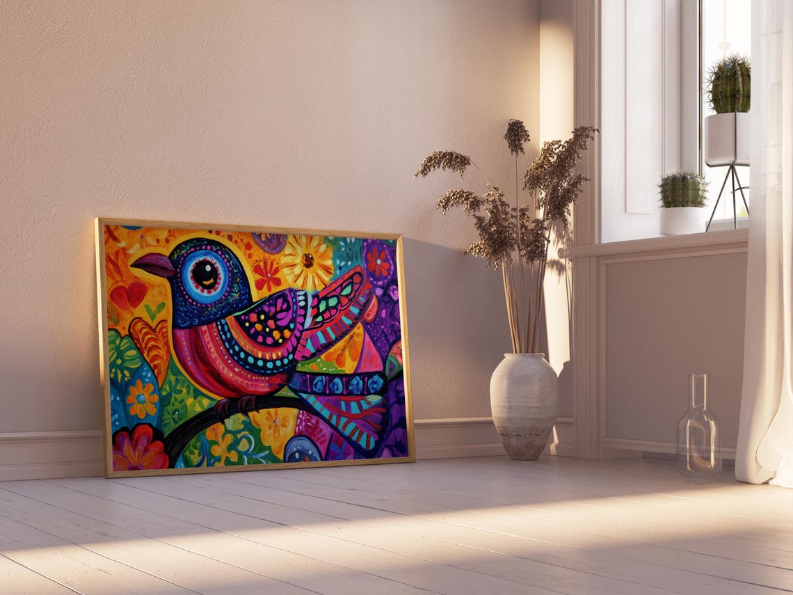 Magenta Folk Art Bird Raised Wing Floral Fiesta Wall Art Print - Image 2