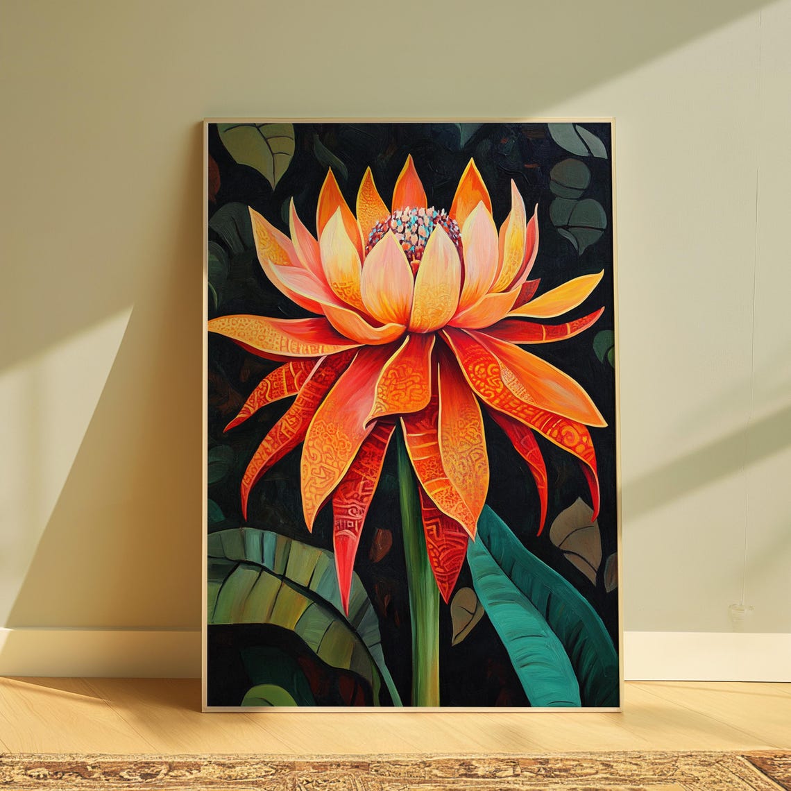 Fire Lotus Ribbon Petals Dark Background Bold Floral Art Poster