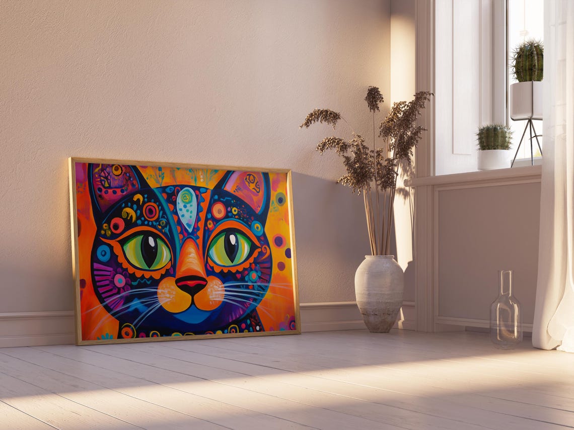 Black Cat Close Up Huge Green Eyes Psychedelic Dot Pattern Art Poster - Image 2