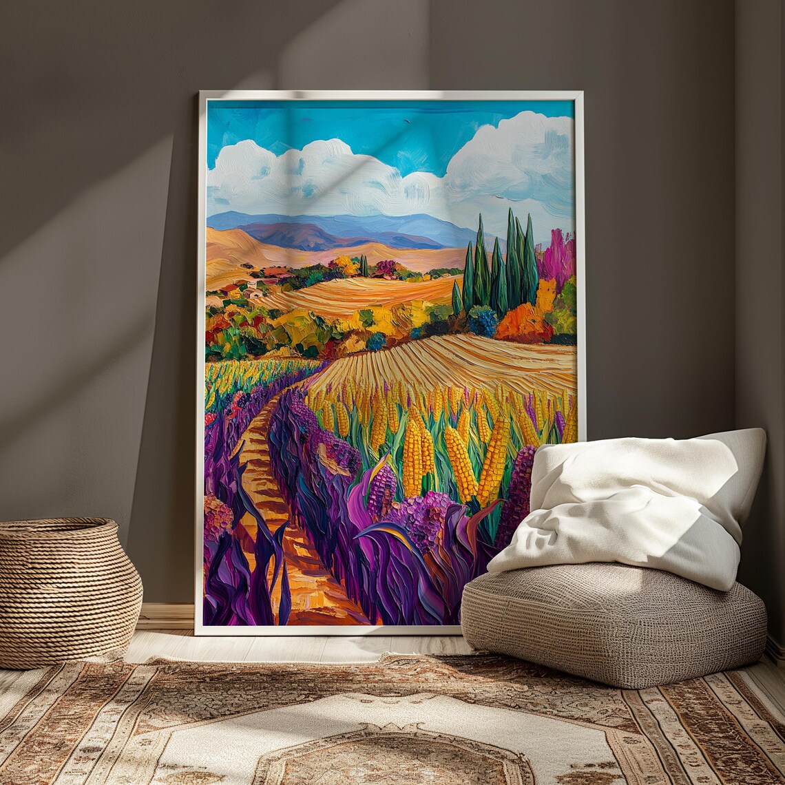 Golden Corn Field Purple Stalks Cypress Trees Rolling Hills Sunny Landscape Poster - Image 3