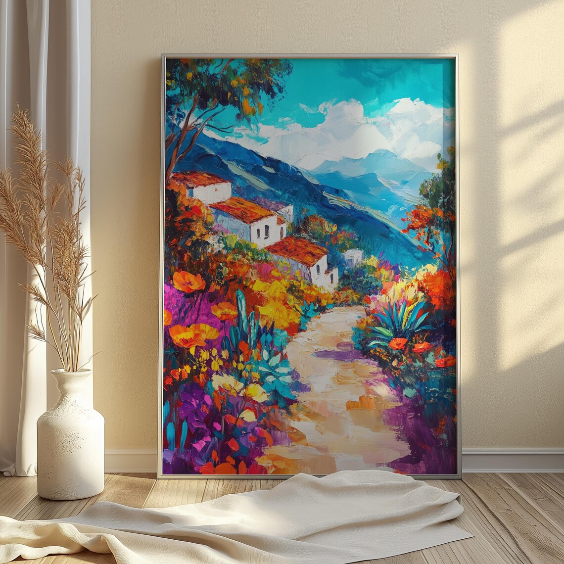 Hillside Houses Colorful Flower Garden Path Blue Mountain Art Print - Image 4