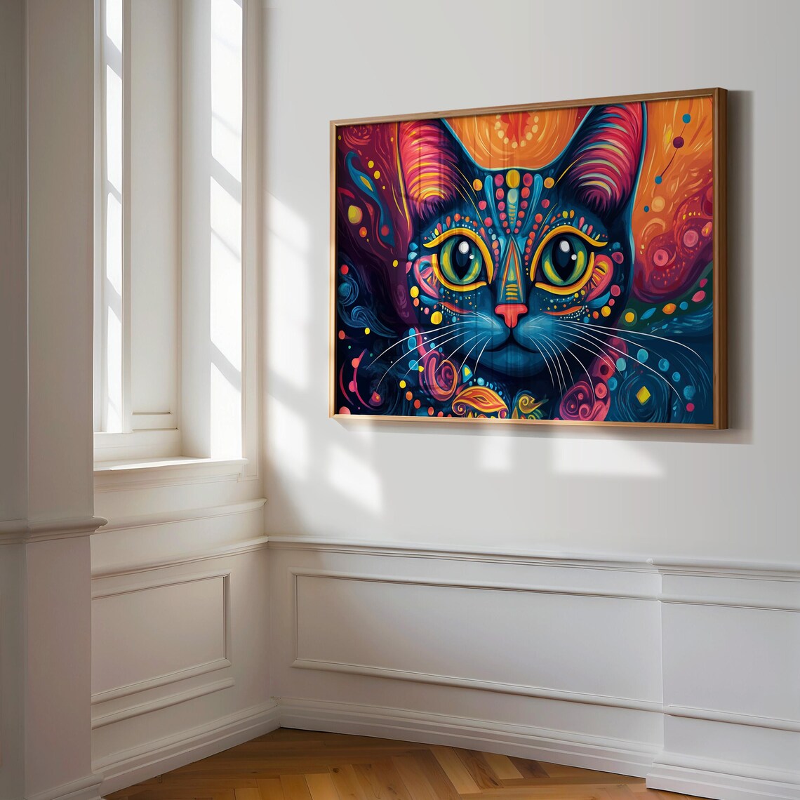 Psychedelic Black Cat Face Neon Mandala Green Eyes Trippy Cat Art Poster - Image 3