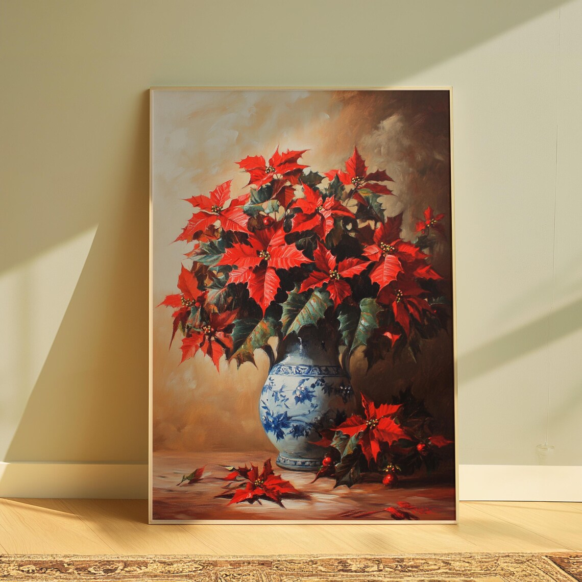 Red Poinsettia Blue Porcelain Vase Classic Christmas Still Life Poster