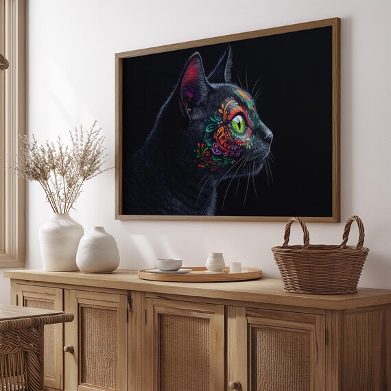 Black Cat Profile Green Eye Alebrije Patterns Mexican Folk Art Wall Poster