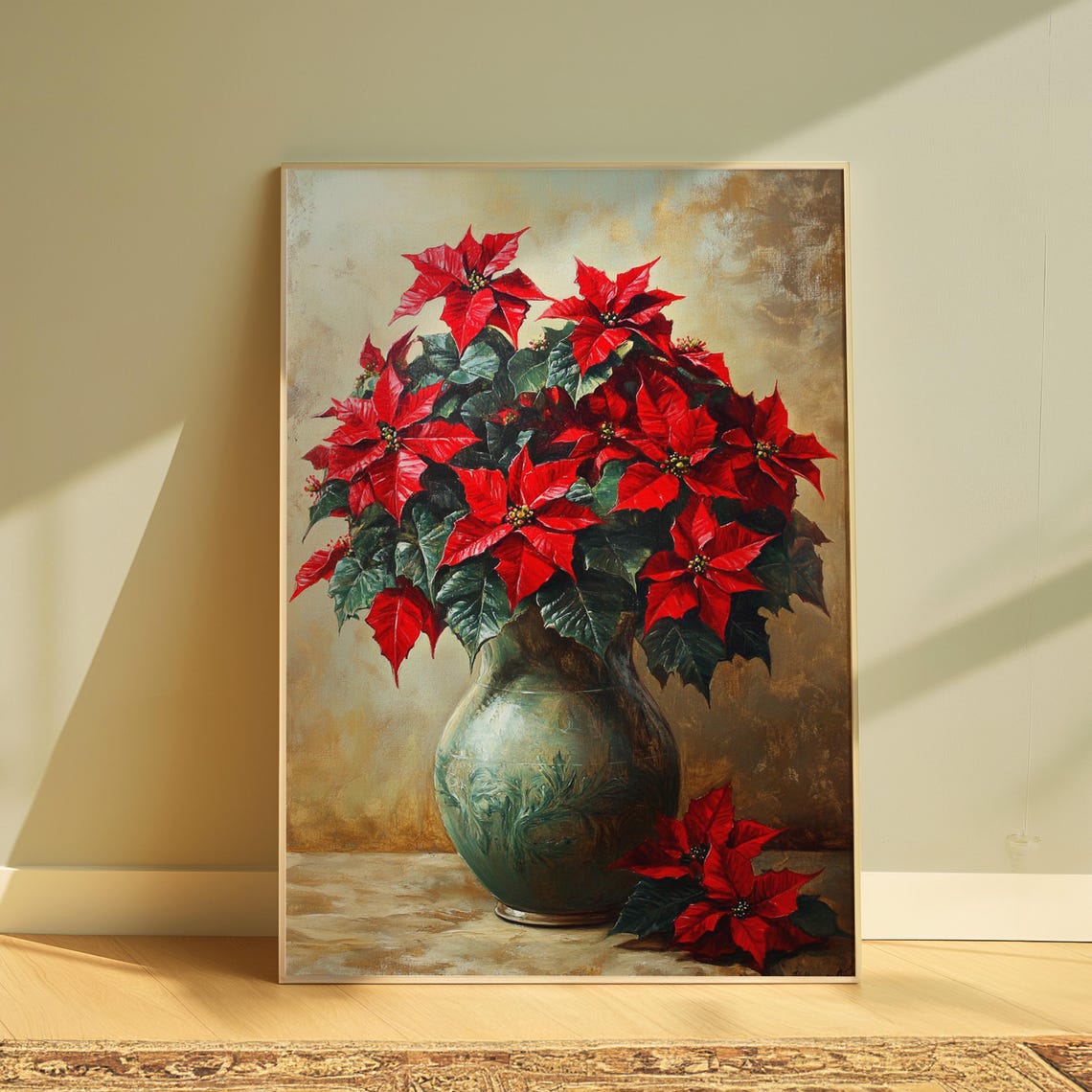 Red Poinsettia Antique Green Glass Vase Christmas Still Life Poster