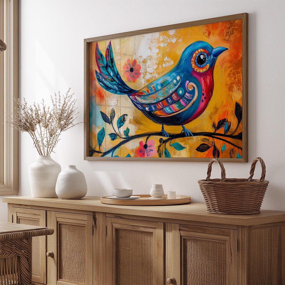 Sapphire Bird Coral Breast Raised Patterned Tail Amber Field Art Print