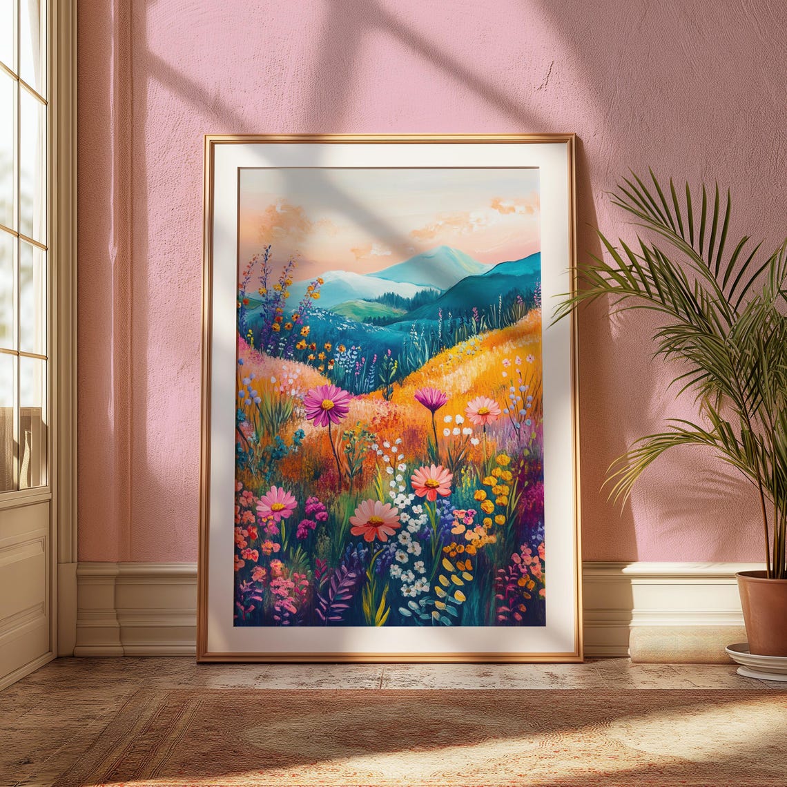 Pastel Pink Daisy Wildflower Meadow Dawn Teal Mountain Art Print - Image 2