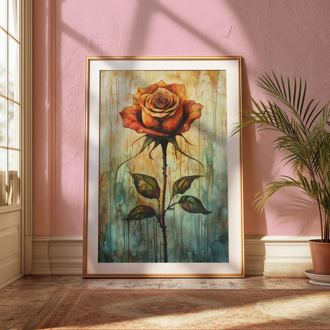 Rust Orange Rose Distressed Teal Beige Vintage Floral Poster - Image 2