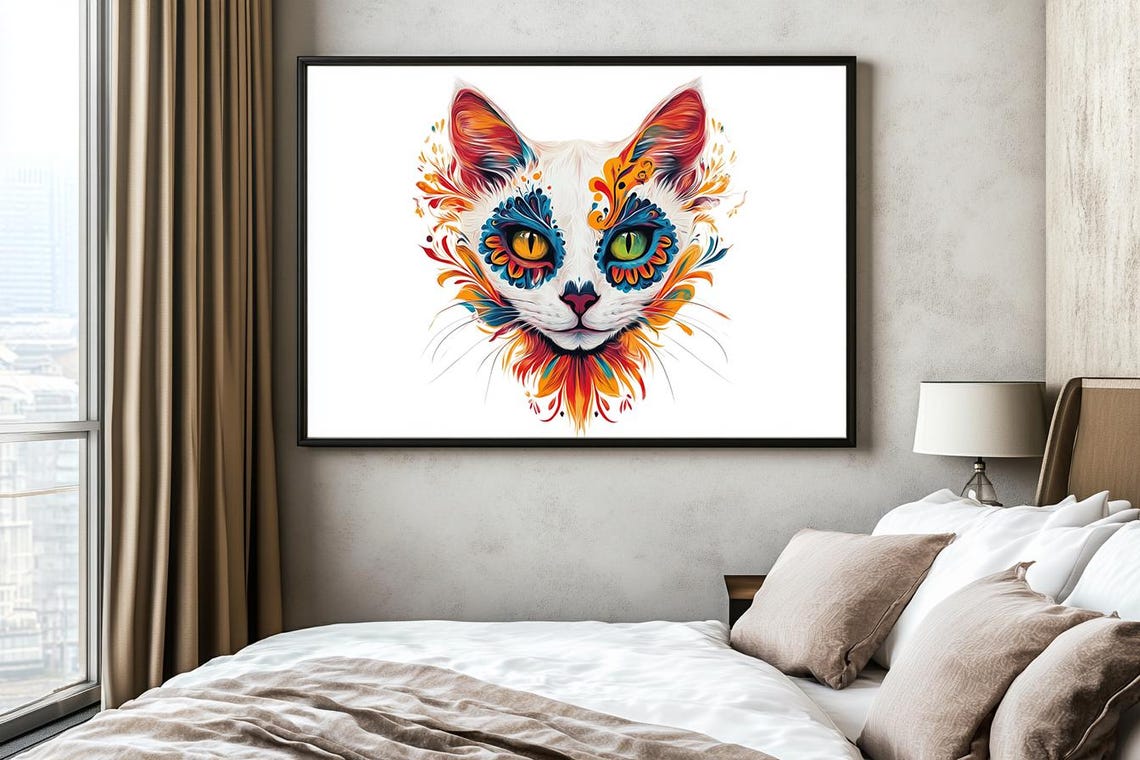 Sugar Skull Cat Face Red Orange Floral Patterns Large Poster - Image 2