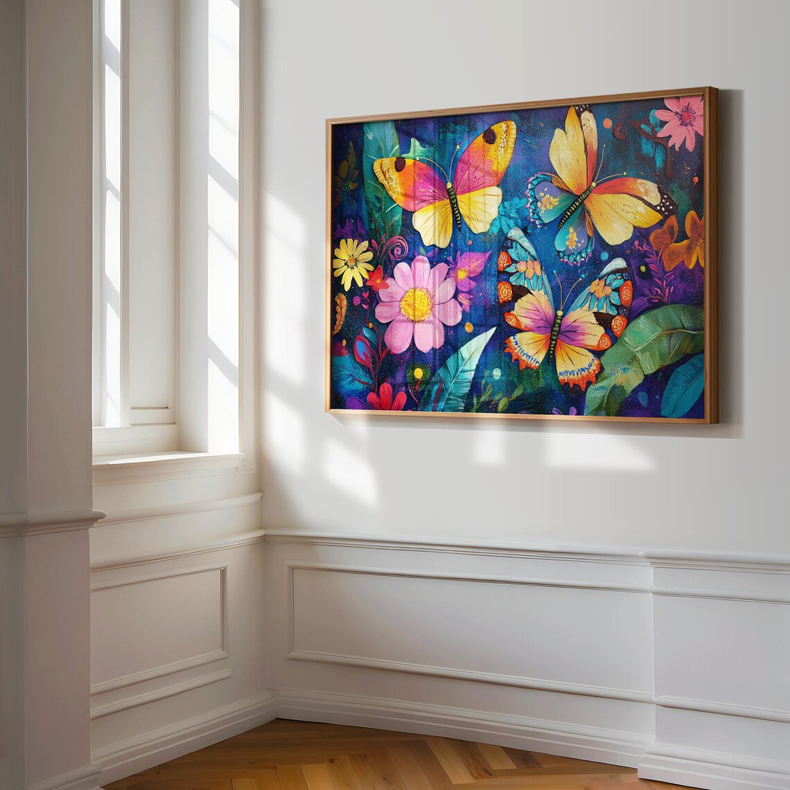 Vivid Butterfly Garden Print Pink Daisy Flowers Night Sky Wall Art - Image 3