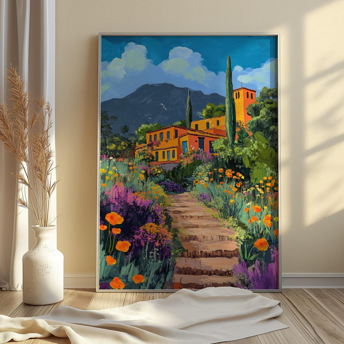 Orange Hacienda Bell Tower Cypress Trees Flower Steps Art Print - Image 3