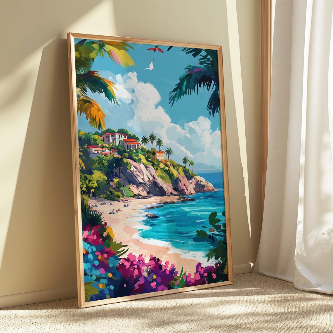 Tropical Beach Cliffside Villas Palm Fronds Turquoise Sea Travel Poster - Image 5