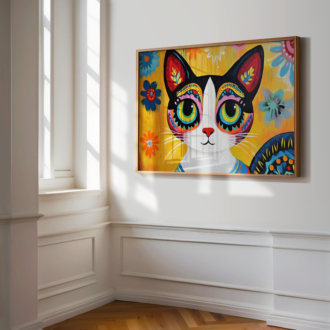 Cartoon Tuxedo Cat Big Rainbow Eyes Yellow Floral Whimsical Poster - Image 3