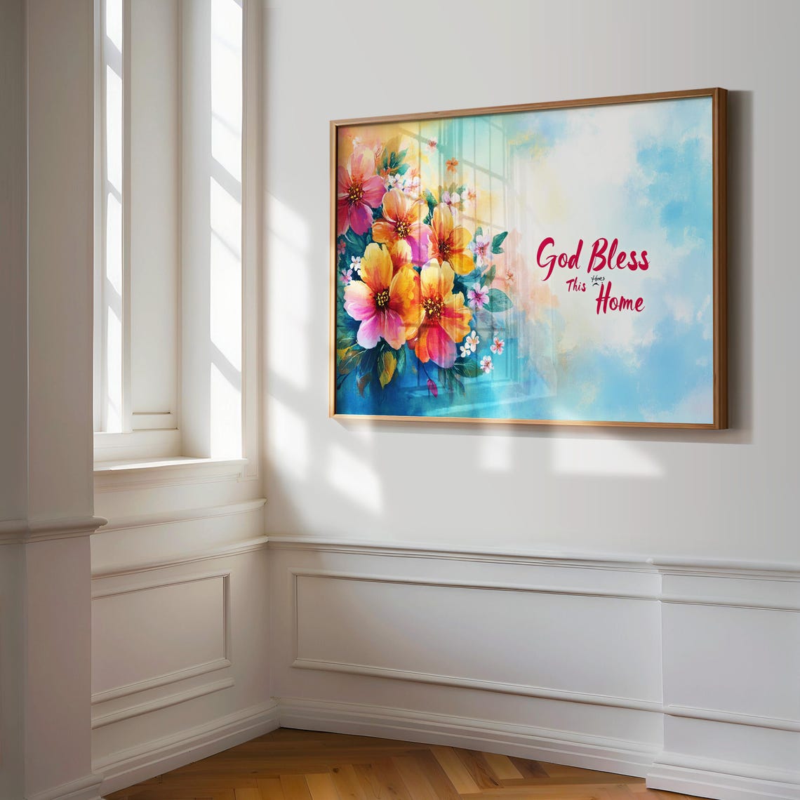 God Bless This Home Orange Blossom Aqua Watercolor Floral Poster - Image 3