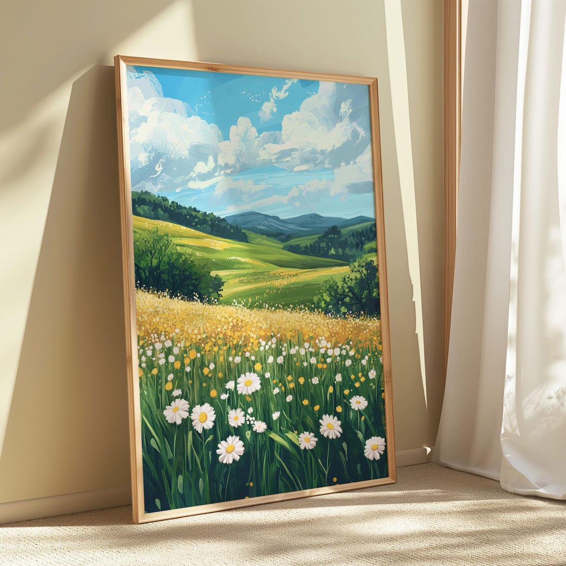 White Daisy Field Rolling Green Hills Mountain View Bright Oil Poster - Image 4