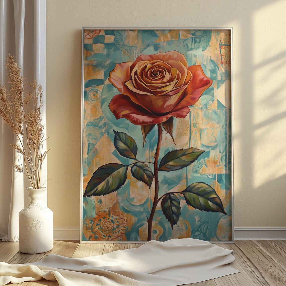 Peach Rose Patina Teal Background Painterly Floral Art Poster - Image 4