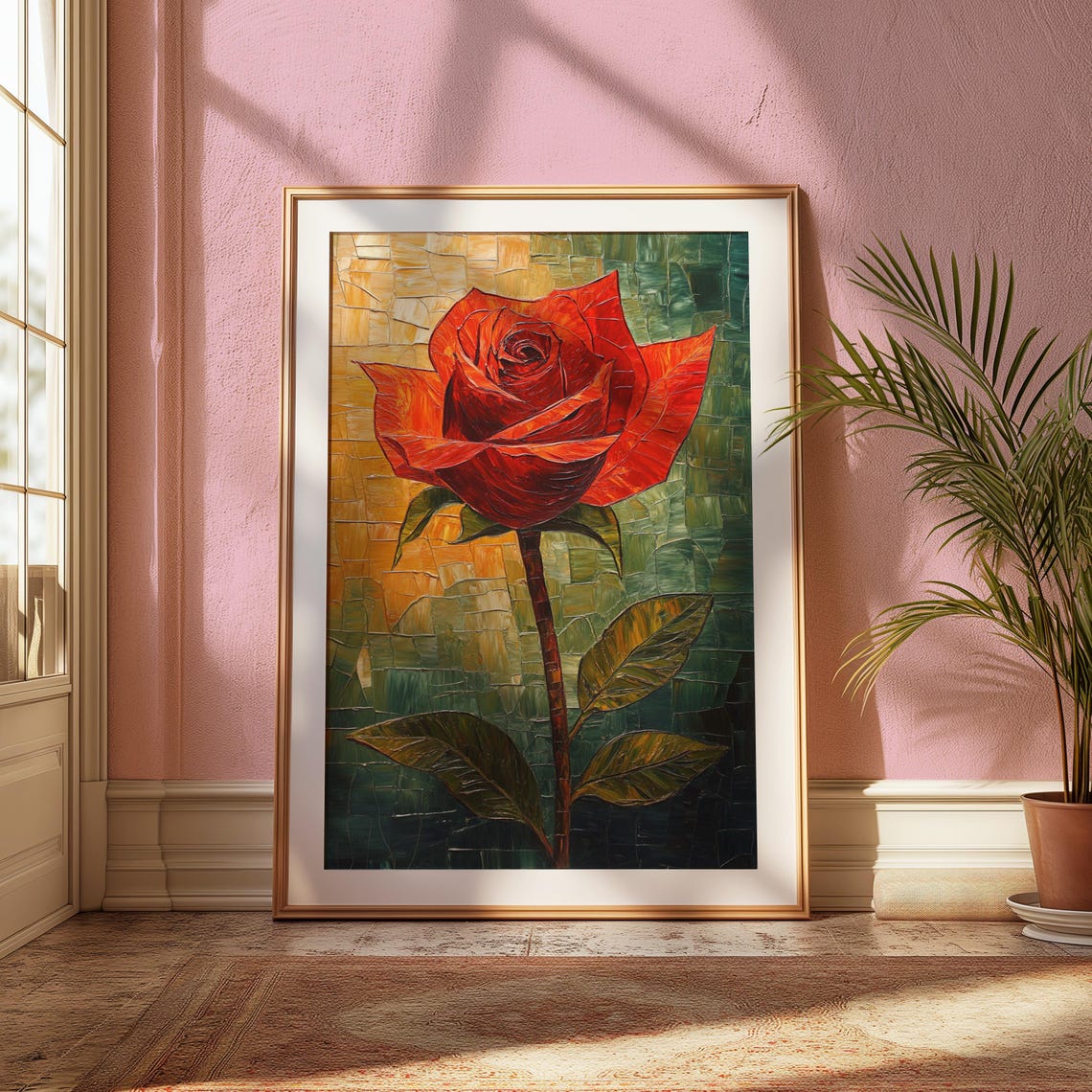 Red Orange Rose Long Stem Mosaic Tile Gold Green Textured Art Poster - Image 2