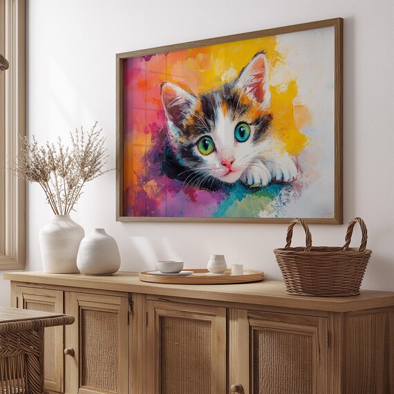 Calico Kitten Bright Green Eyes Rainbow Watercolor Splash Cat Art Poster