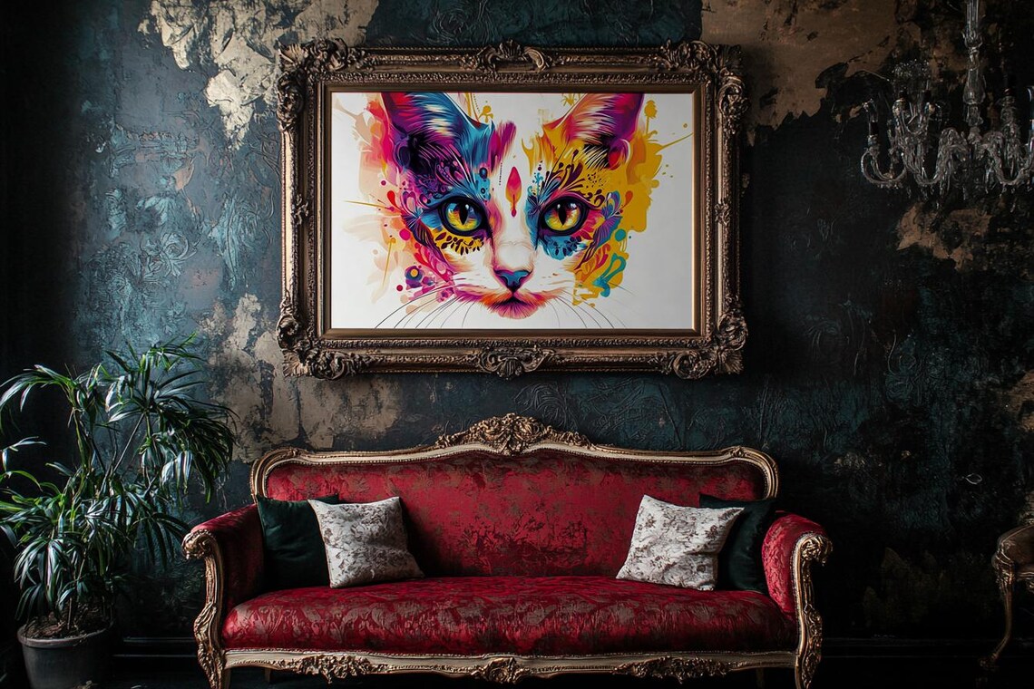 Vibrant Watercolor Cat Face Day of the Dead Rainbow Art Style Poster - Image 2