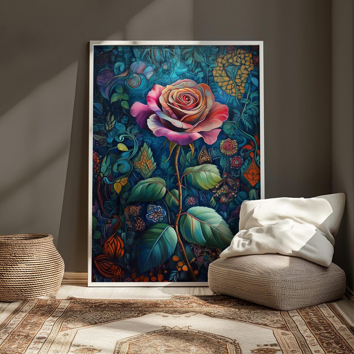Blush Pink Rose Teal Ornamental Garden Floral Painting Poster - Image 3