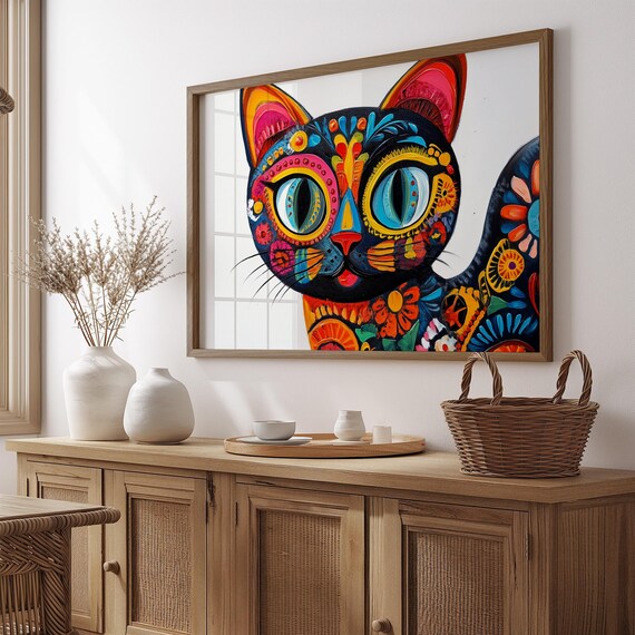 Mexican Alebrije Black Cat Floral Patterns White Background Folk Art Poster