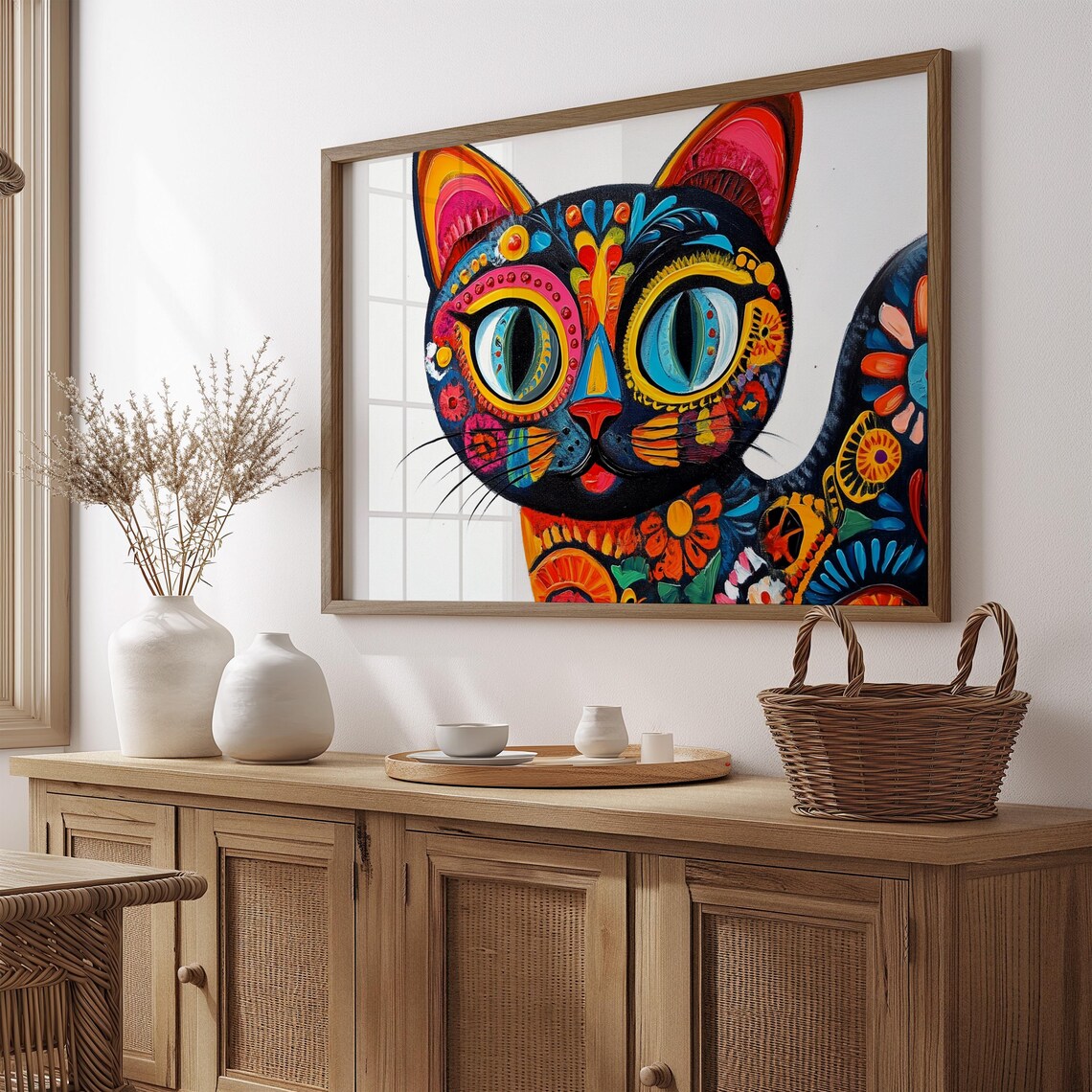 Mexican Alebrije Black Cat Floral Patterns White Background Folk Art Poster