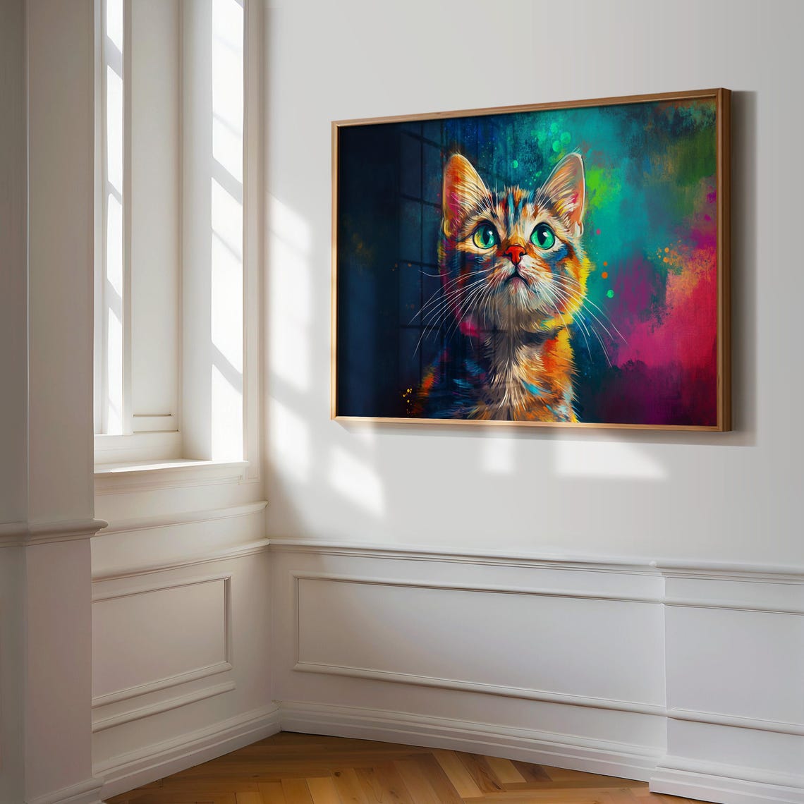 Tabby Kitten Sitting Neon Paint Splashes Dark Blue Background Poster - Image 3