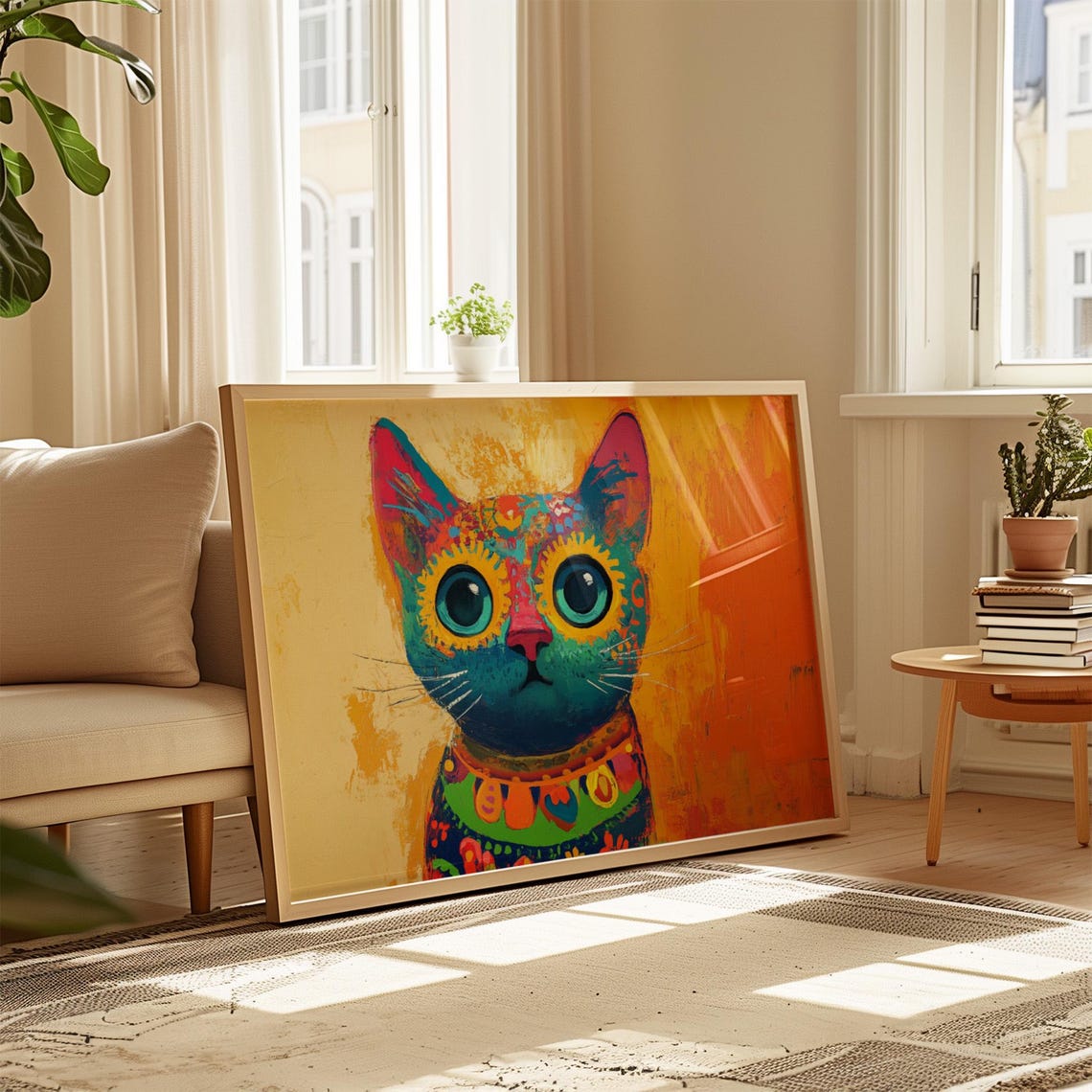 Blue Folk Art Cat With Floral Patterns Bright Orange Background Poster - Image 4