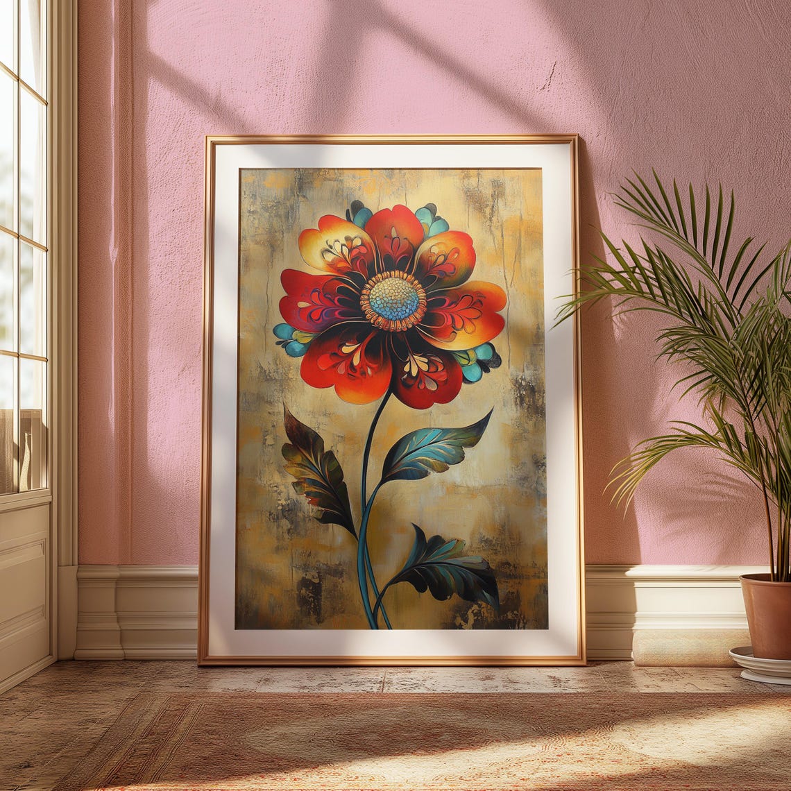 Ornamental Red Orange Flower Teal Leaves Warm Tan Floral Poster - Image 2