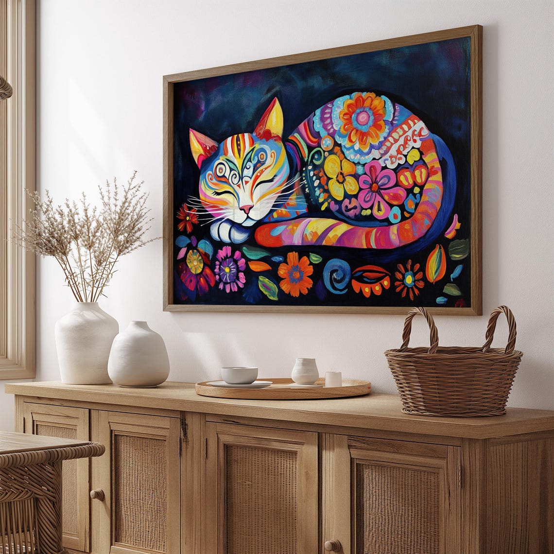 Sleeping Rainbow Floral Cat Peaceful Curled Night Garden Art Poster