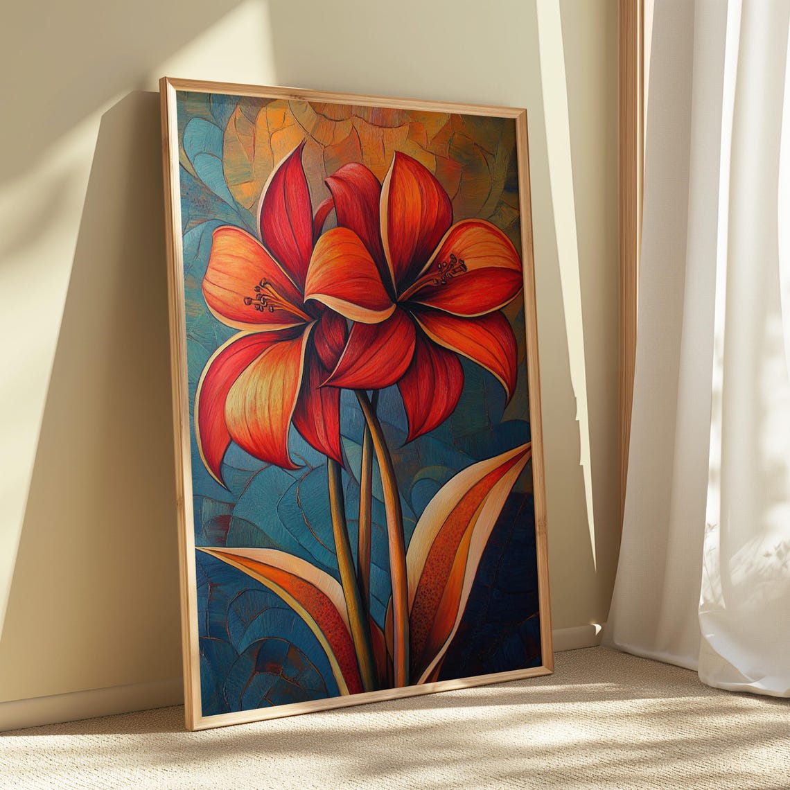Twin Red Amaryllis Blooms Teal Mosaic Background Floral Poster - Image 5