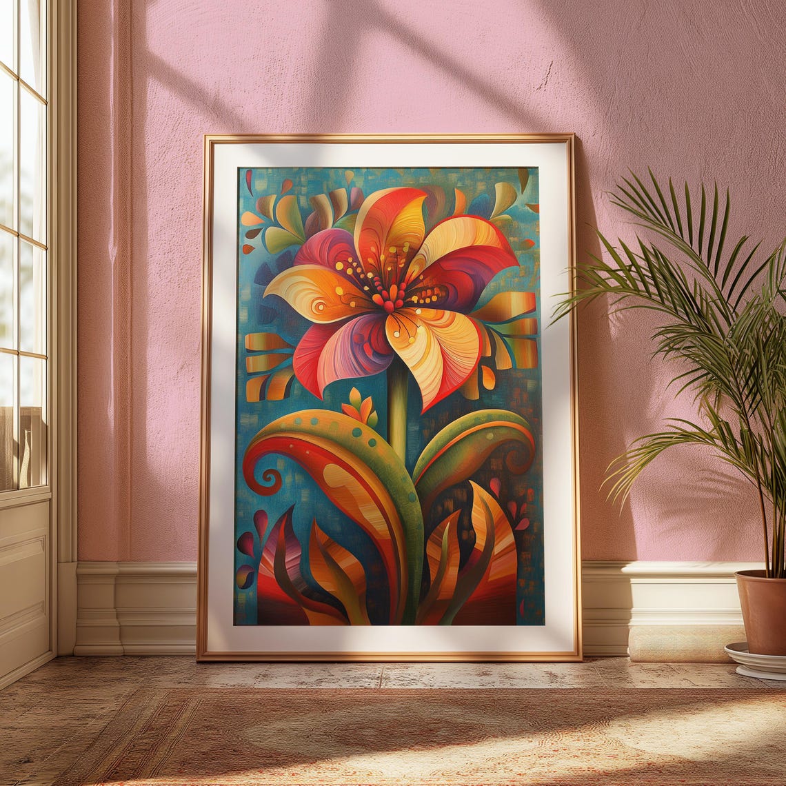 Red Gold Fantasy Bloom Turquoise Background Whimsical Floral Poster - Image 2