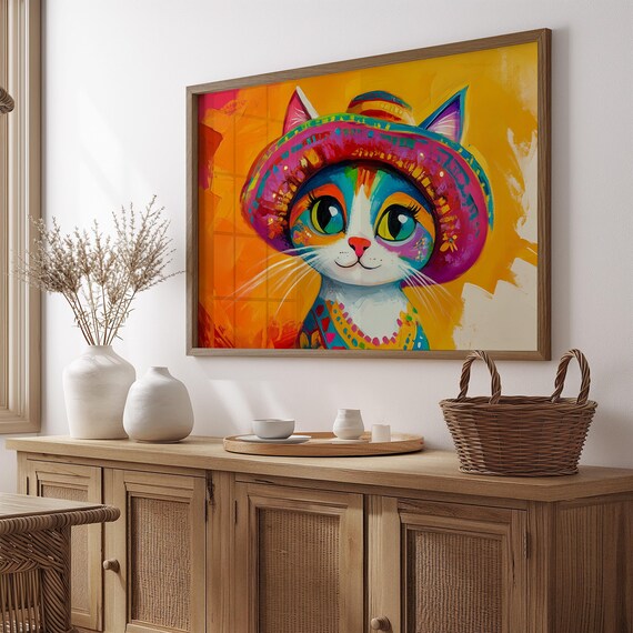 Cat Wearing Colorful Sombrero Big Green Eyes Mexican Fiesta Poster