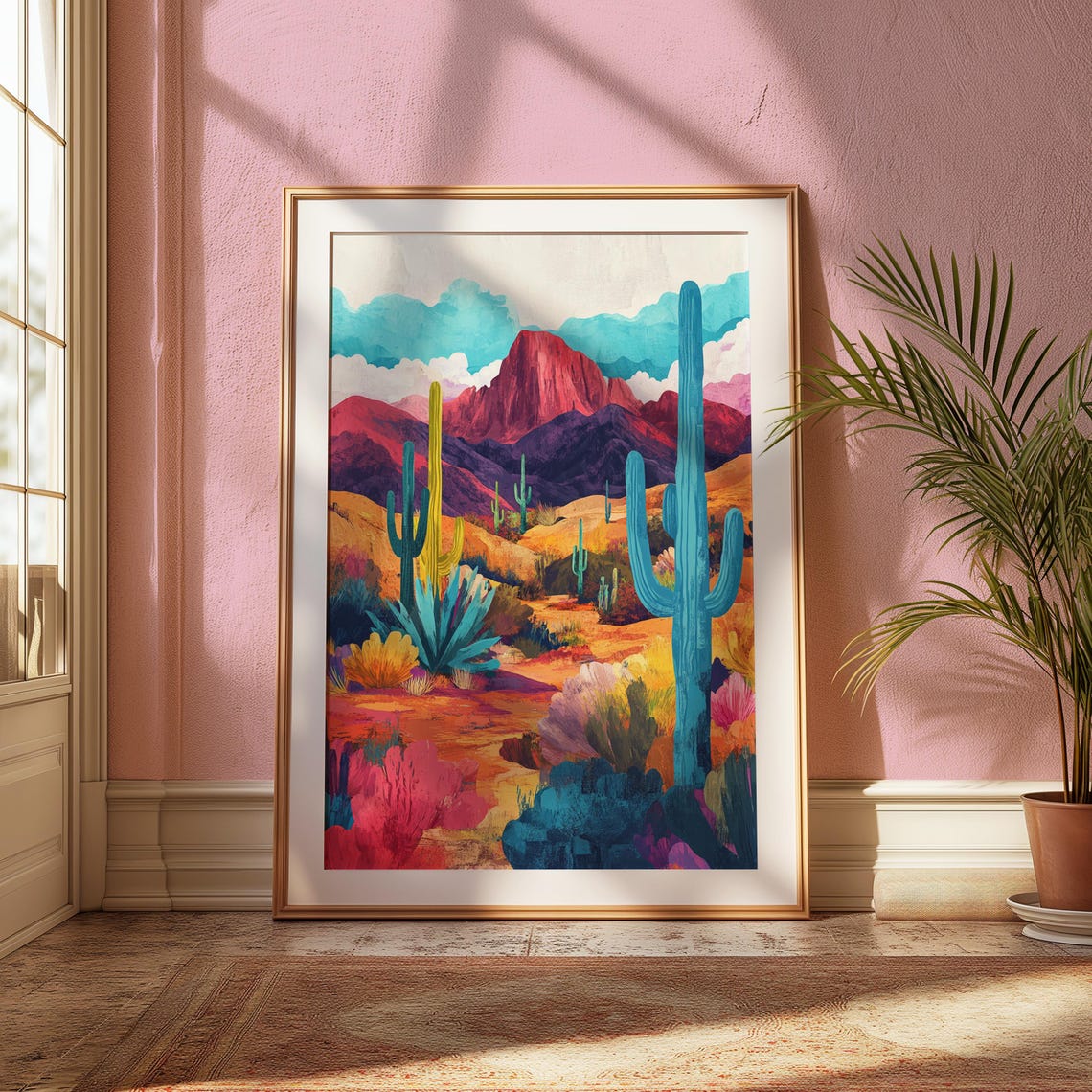 Desert Cactus Agave Red Rock Butte Landscape Colorful Art Poster - Image 2