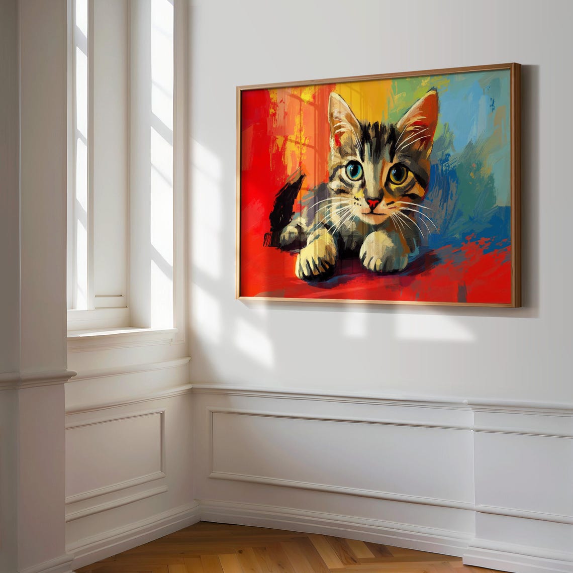 Sweet Tabby Kitten Lying Down Painted Red Blue Abstract Poster - Image 3