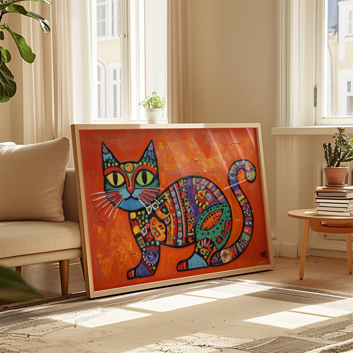 Sitting Cat Colorful Patchwork Mosaic Patterns Bright Orange Art Poster - Image 4