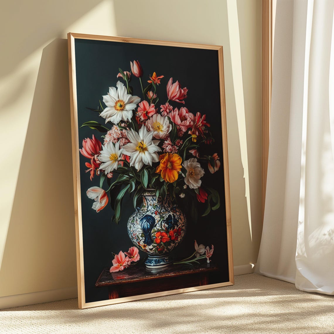 Elegant White Pink Blossom Bouquet Blue White Porcelain Vase Poster - Image 5