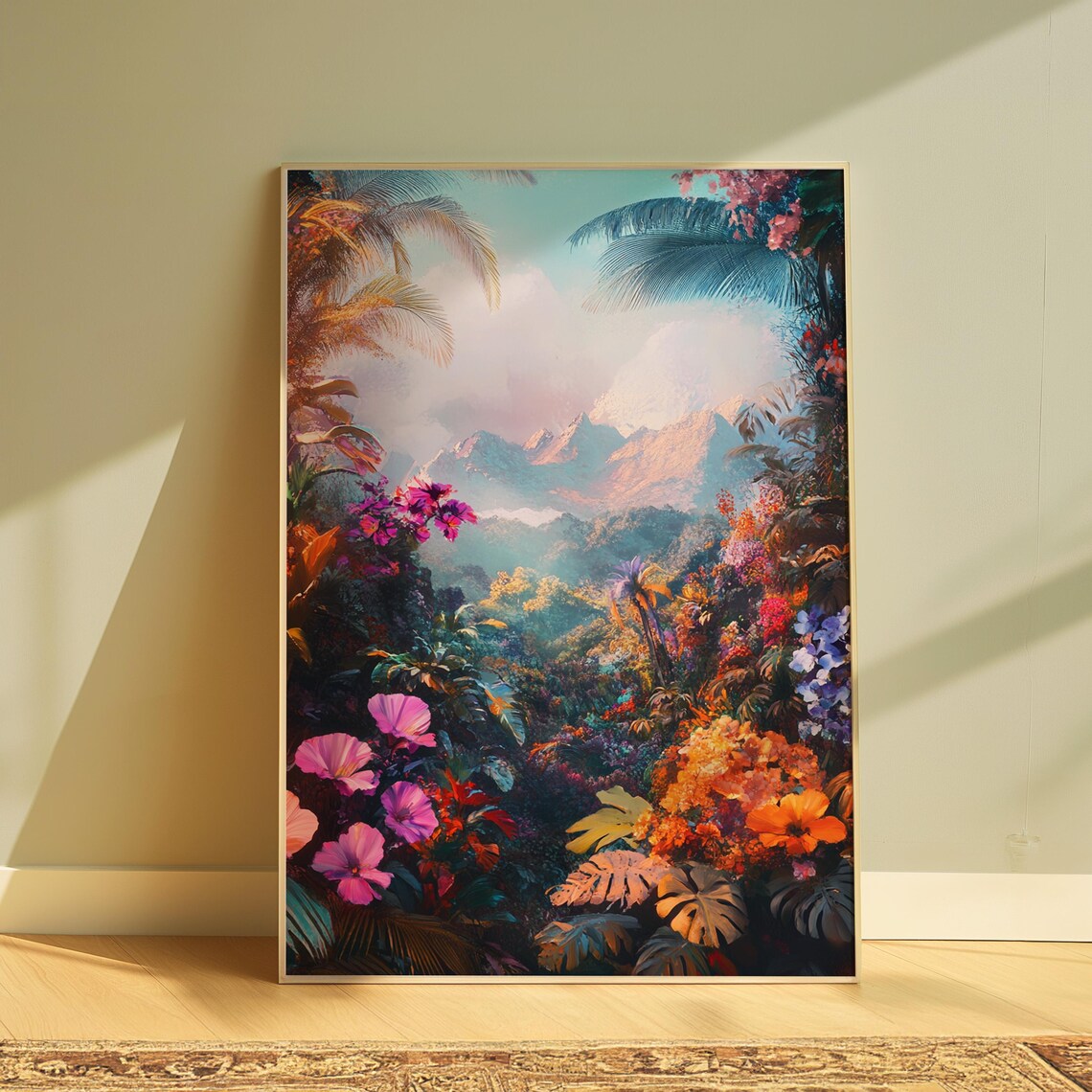 Lush Jungle Valley Misty Mountains Tropical Foliage Dreamy Wall Art Poster