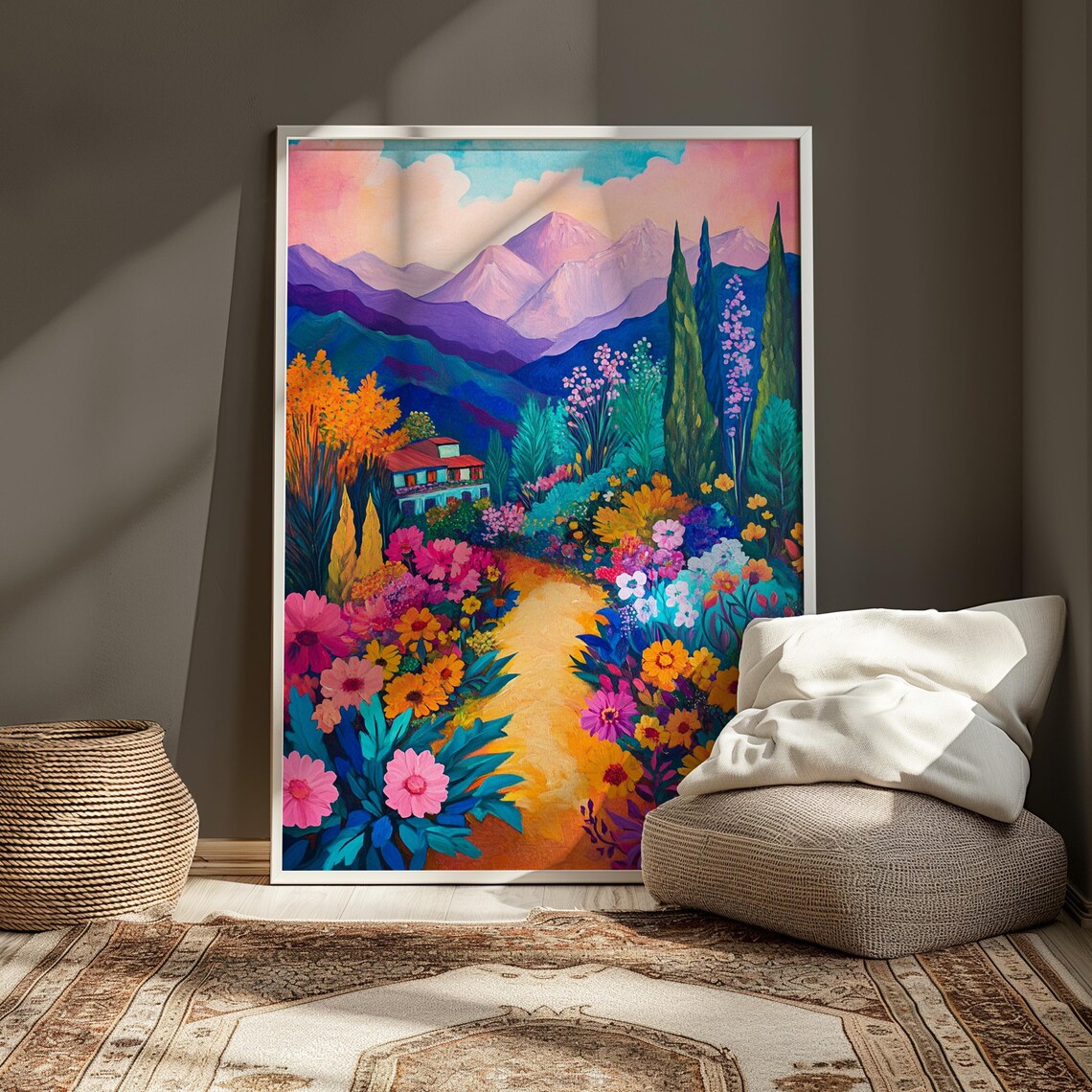 Flower Filled Valley Villa Purple Mountains Colorful Garden Landscape Poster - Image 3